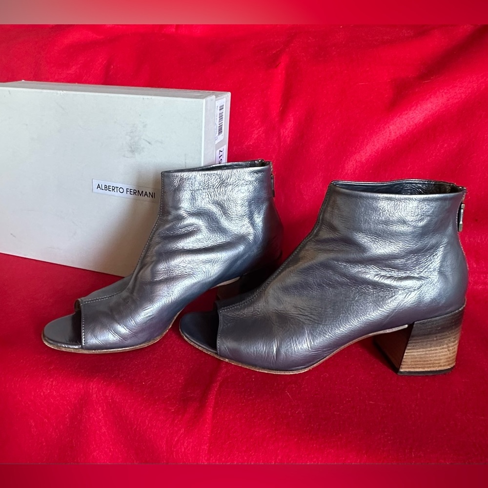 Alberto Fermani open toe pewter bootie.  Size 10.5